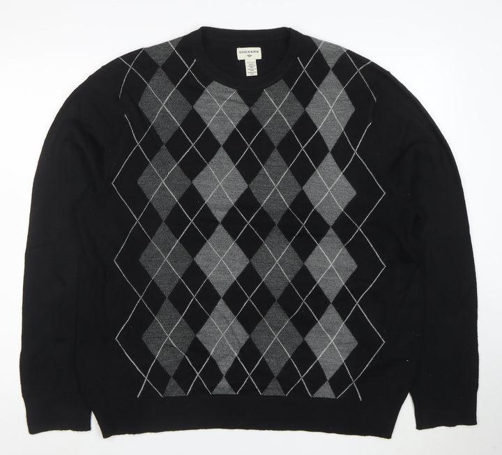 Dockers Men's Black Argyle Crew Neck Acrylic Jumper XL