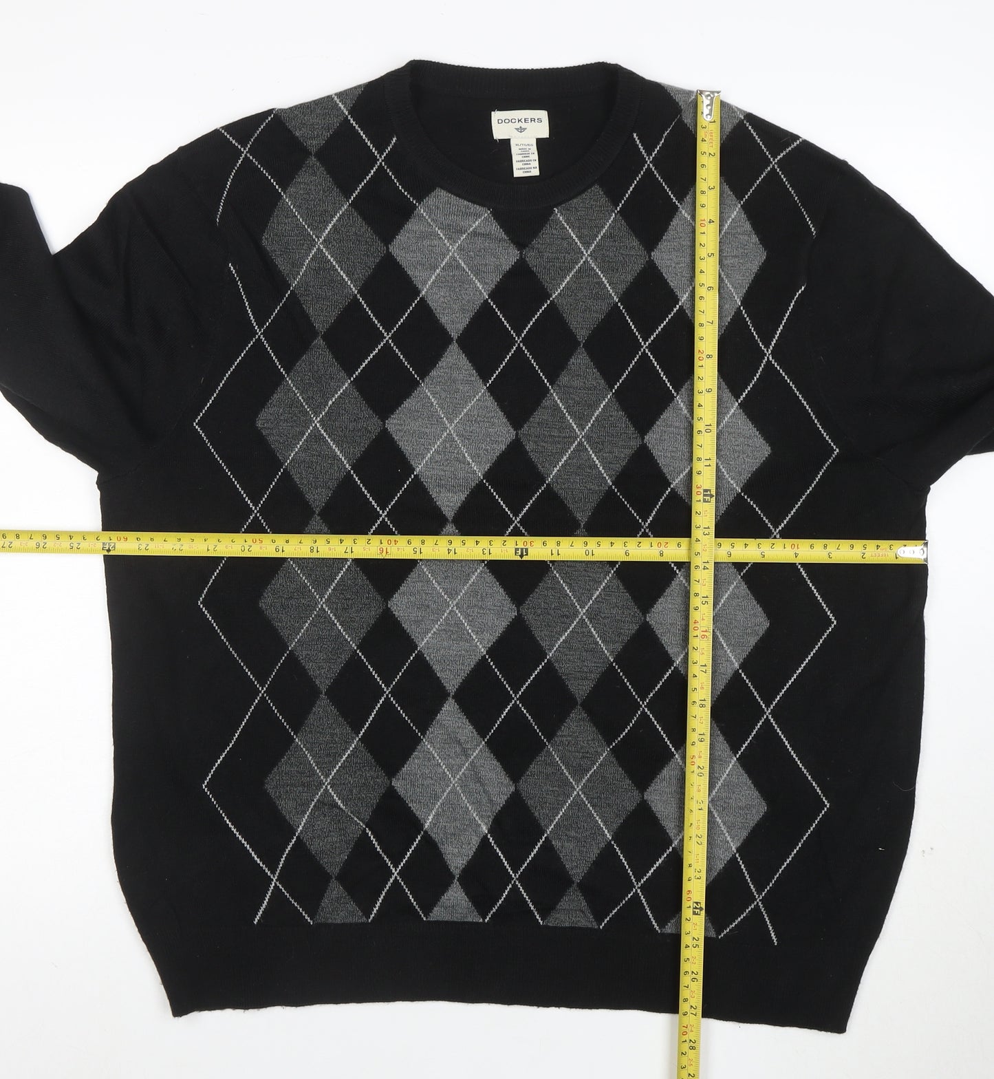 Dockers Men's Black Argyle Crew Neck Acrylic Jumper XL