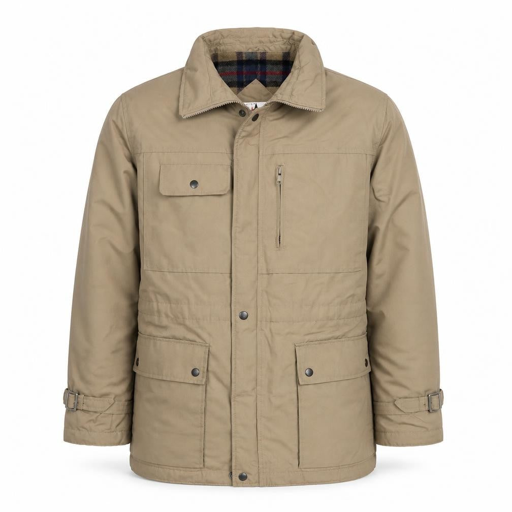 Front view of High Gear Men’s Beige Parka Jacket, size 40R, Lined Outdoor Winter Coat
