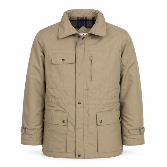 Front view of High Gear Men’s Beige Parka Jacket, size 40R, Lined Outdoor Winter Coat