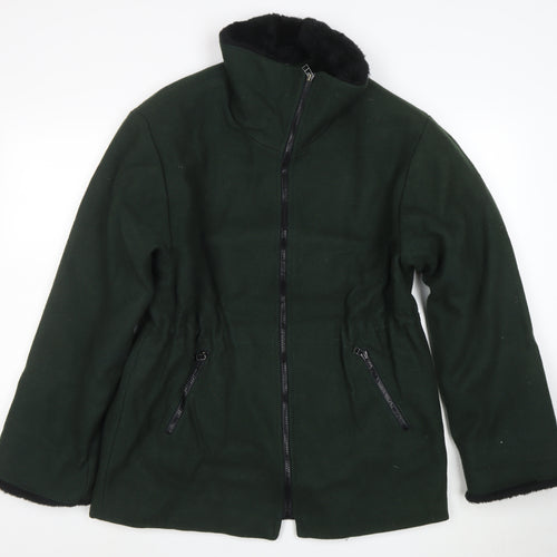 Lodenfrey Women Dark Green Wool Zip Coat with Fur Collar Size M
