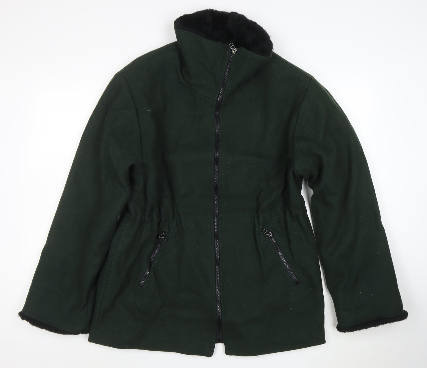 Lodenfrey Women Dark Green Wool Zip Coat with Fur Collar Size M