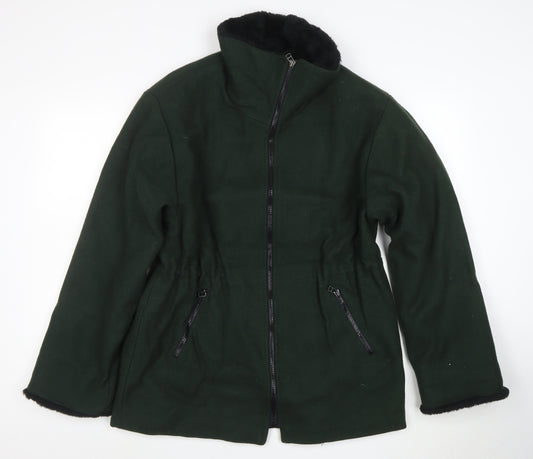 Lodenfrey Women Dark Green Wool Zip Coat with Fur Collar Size M