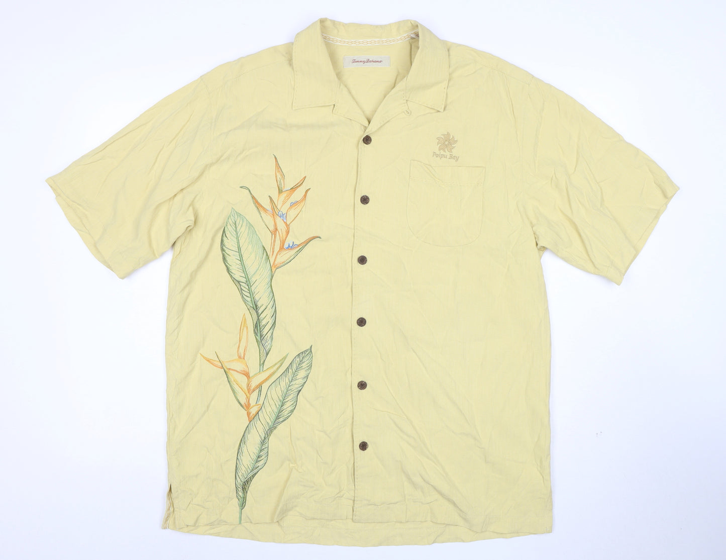Tommy Bahama Men's Beige Silk Hawaiian Floral Short Sleeve Shirt L
