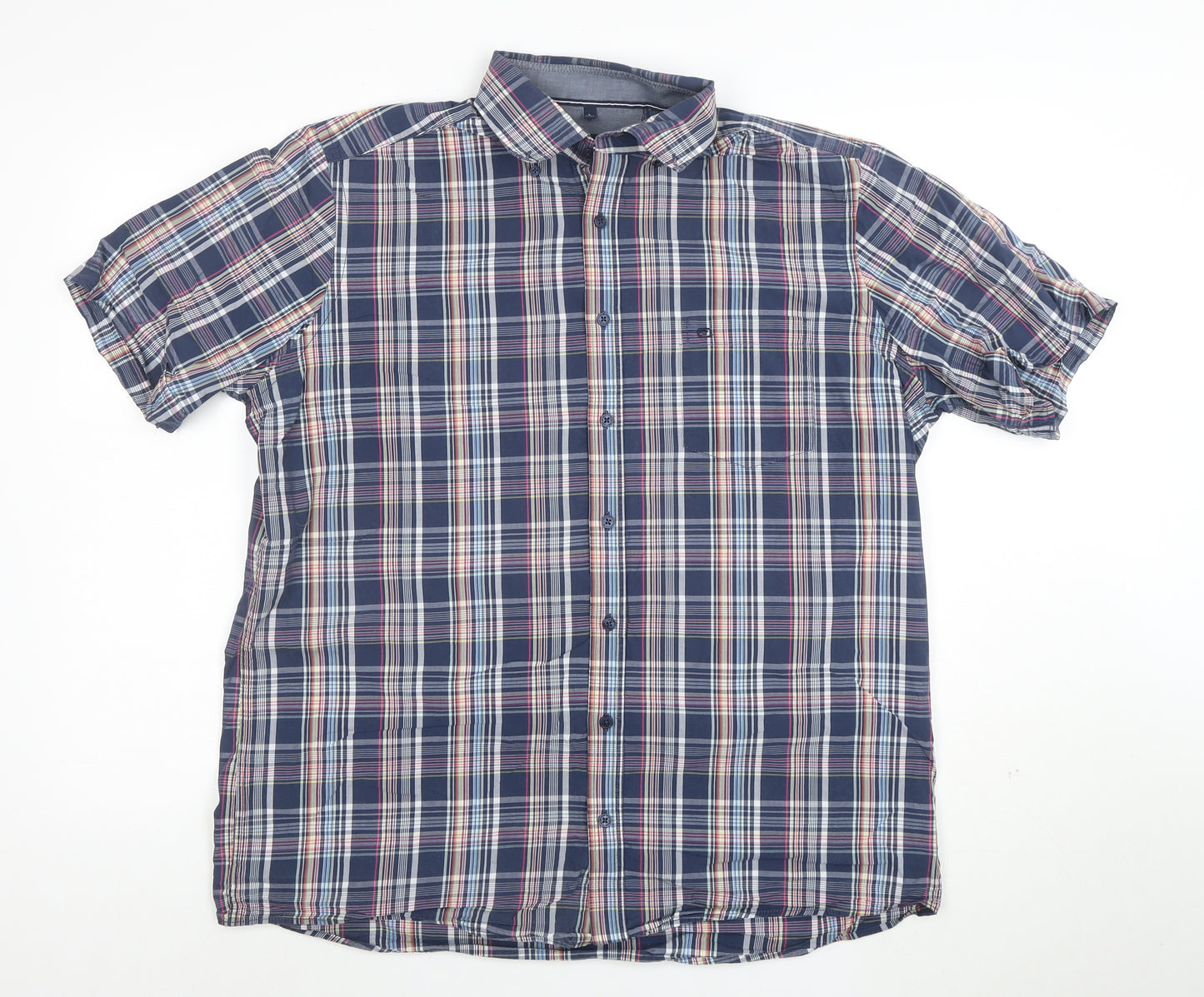 Casa Moda Men's Blue Check Short Sleeve Cotton Button-Up Shirt L