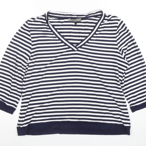 Jaeger Women's Blue White Striped V-Neck Jersey Top Size L