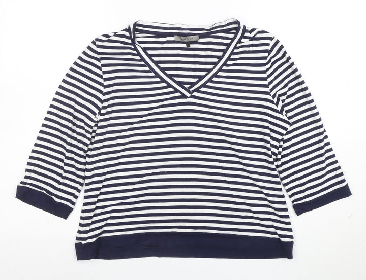 Jaeger Women's Blue White Striped V-Neck Jersey Top Size L