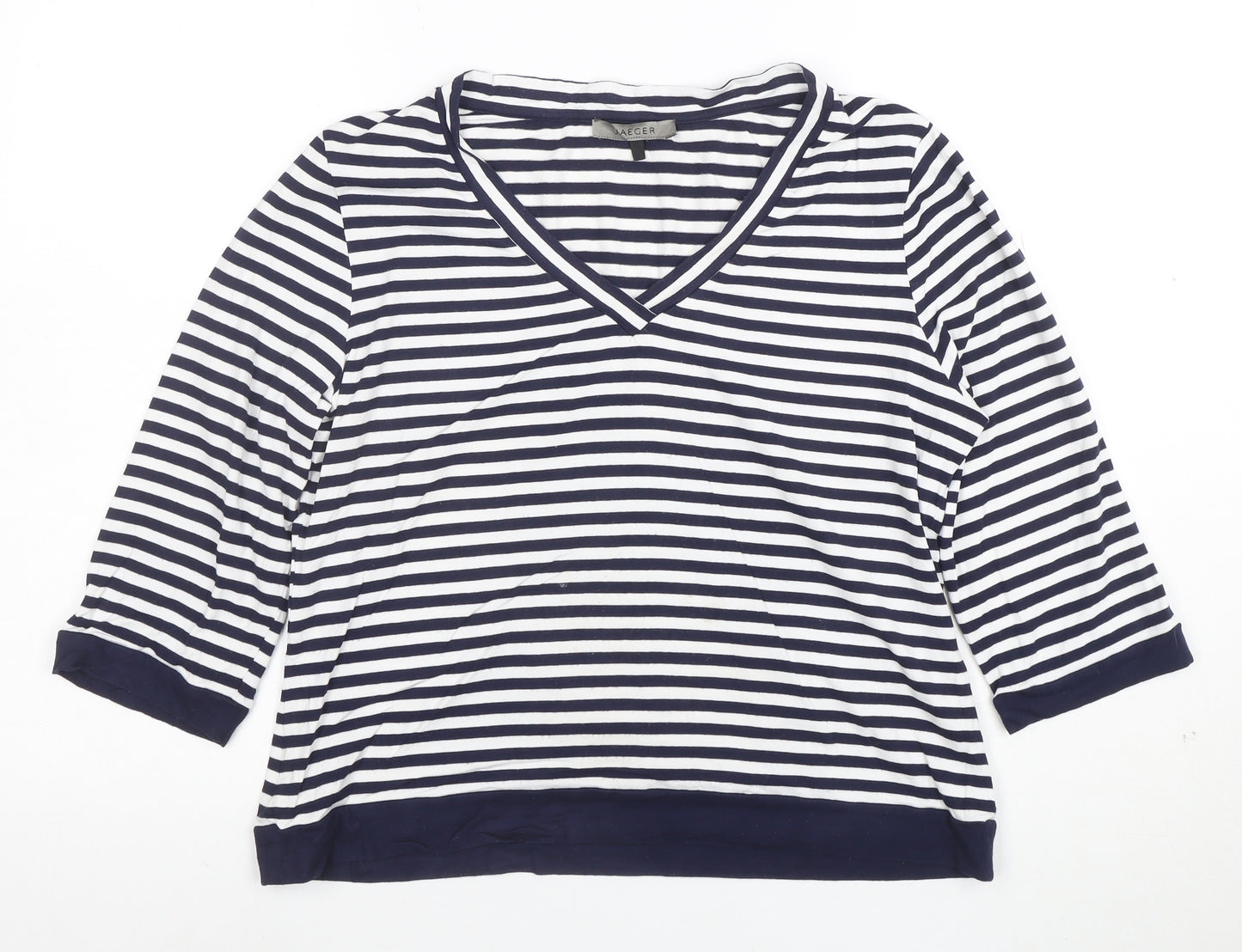 Jaeger Women's Blue White Striped V-Neck Jersey Top Size L