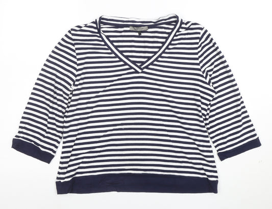 Jaeger Women's Blue White Striped V-Neck Jersey Top Size L