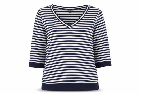 Front view of Jaeger Women's Blue White Striped V-Neck Jersey Top, size L