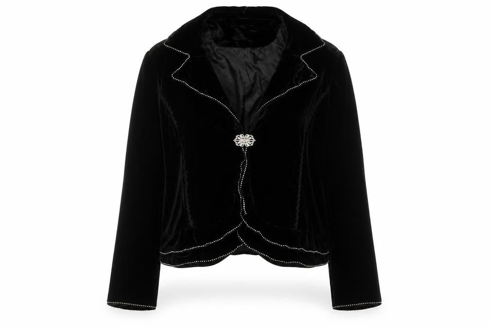 Front view of Berek Women Black Velvet Embellished Suit Jacket, size L
