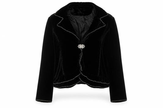 Front view of Berek Women Black Velvet Embellished Suit Jacket, size L