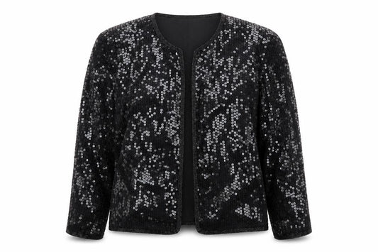 Front view of Stenay Women Black Sequin Silk Lined Blazer, size L, Party Jacket
