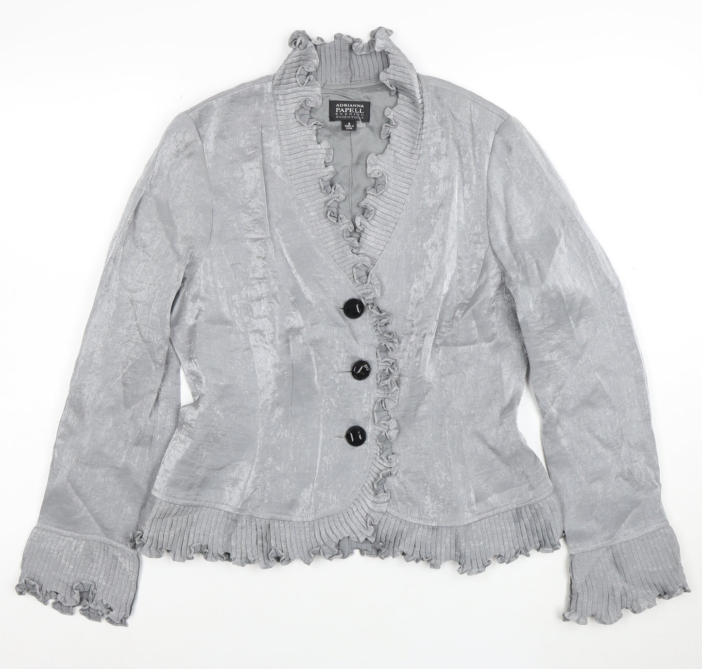 Adrianna Papell Women’s Grey Ruffled Blazer Size 8 Evening Essentials