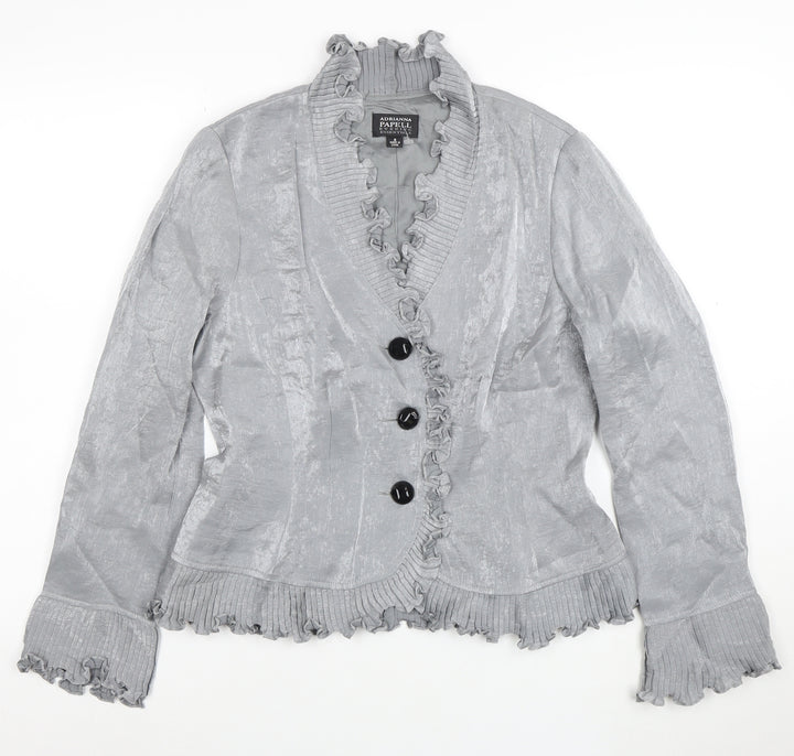 Adrianna Papell Women’s Grey Ruffled Blazer Size 8 Evening Essentials