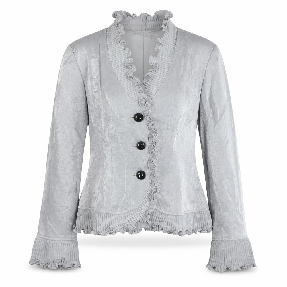 Front view of Adrianna Papell Women’s Grey Ruffled Blazer, size UK 8, Evening Essentials