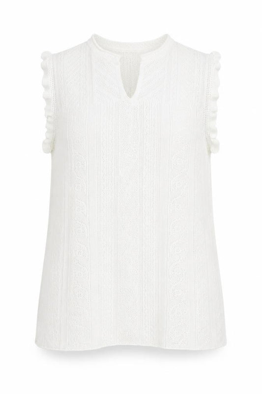 Front view of Next Women’s White Sleeveless Knit Ruffle Hem Tunic Blouse, size UK 16
