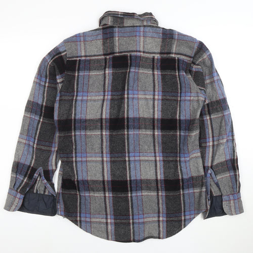 Vintage Campus Men's Grey Plaid Wool Flannel Button-Up Shirt M