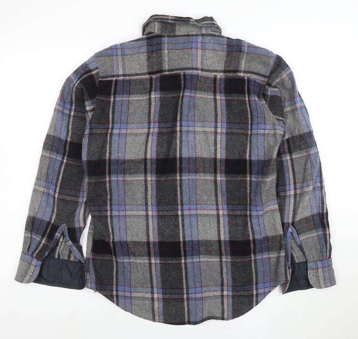 Vintage Campus Men's Grey Plaid Wool Flannel Button-Up Shirt M