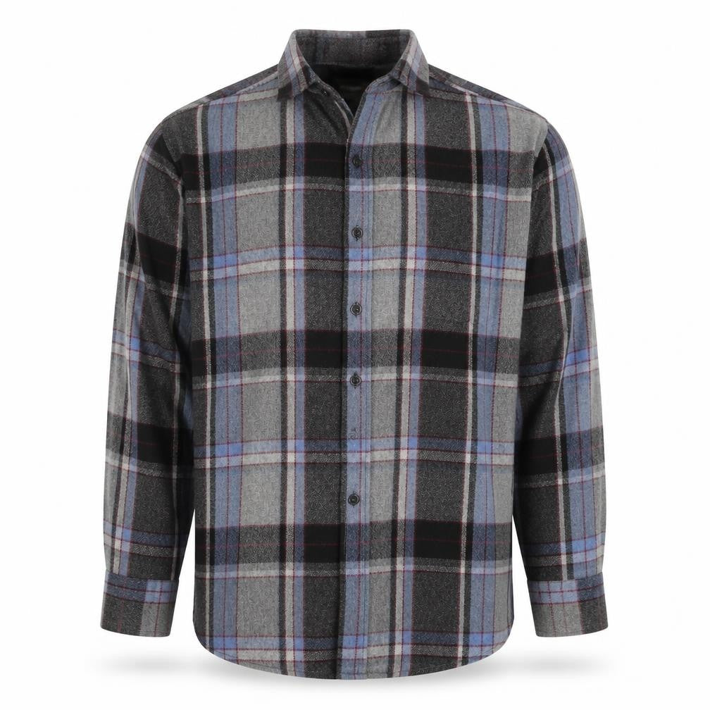 Front view of Vintage Campus Men's Grey Plaid Wool Flannel Button-Up Shirt M