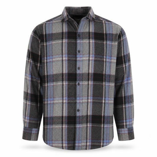 Front view of Vintage Campus Men's Grey Plaid Wool Flannel Button-Up Shirt M
