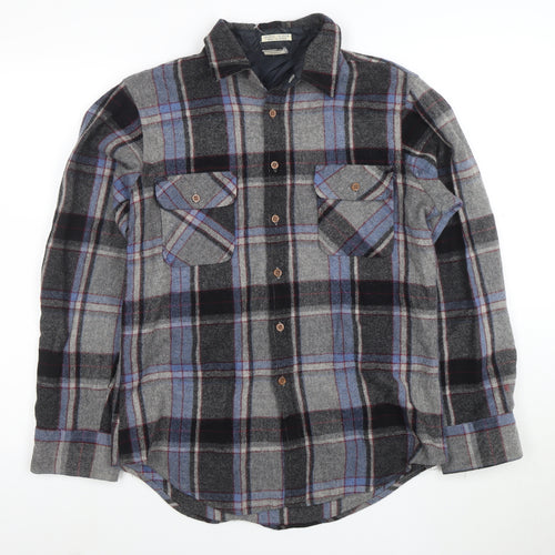 Vintage Campus Men's Grey Plaid Wool Flannel Button-Up Shirt M