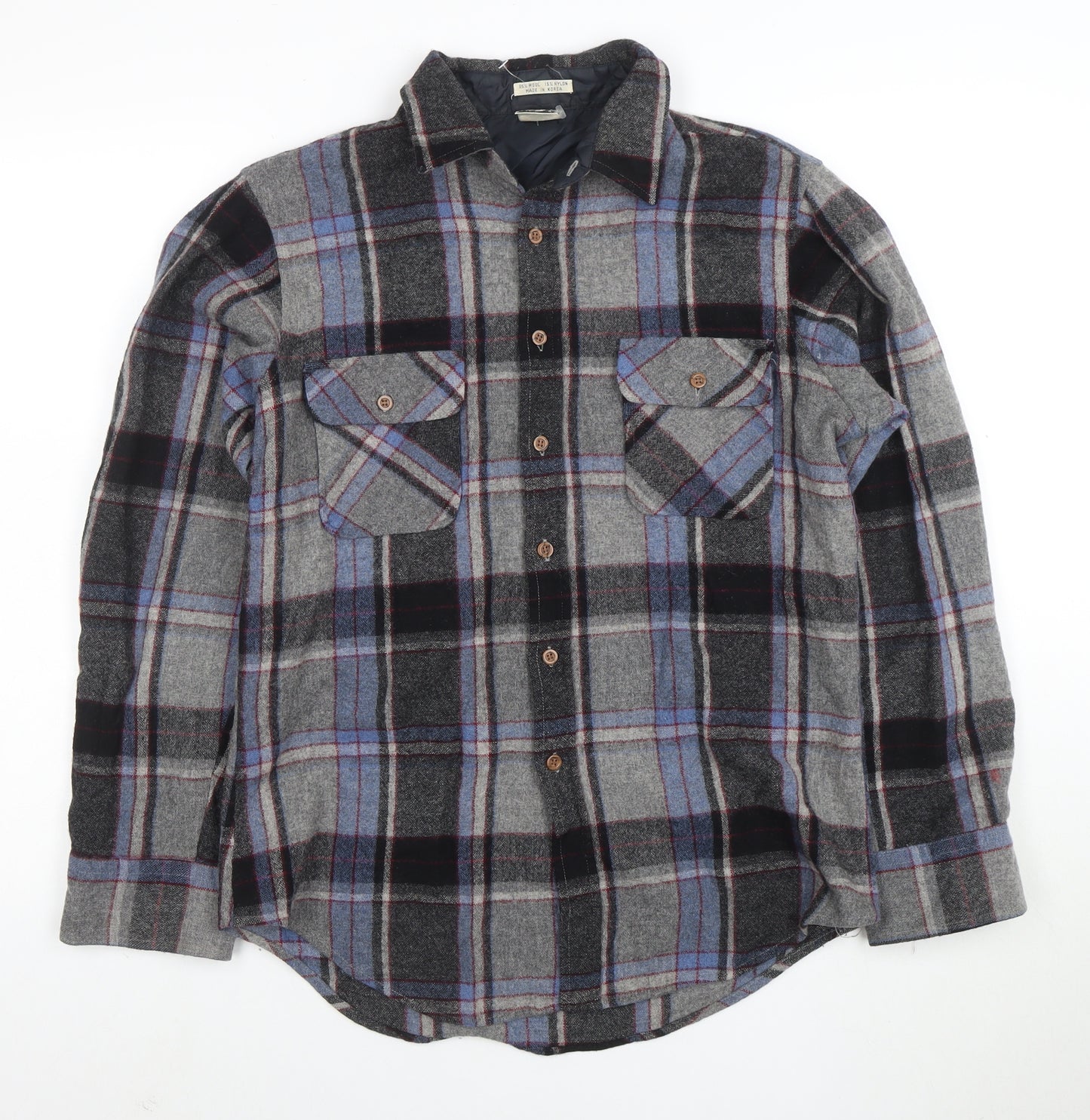 Vintage Campus Men's Grey Plaid Wool Flannel Button-Up Shirt M