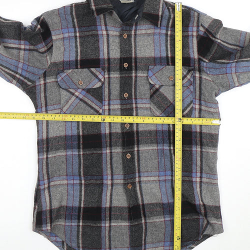 Vintage Campus Men's Grey Plaid Wool Flannel Button-Up Shirt M