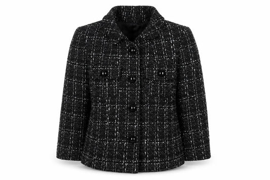 Front view of Oasis Women's Black Tweed Button Up Short Jacket, size 10