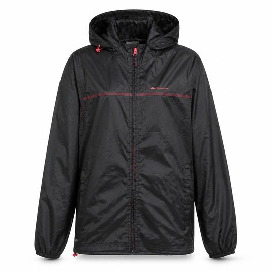 Front view of Quechua women’s black l windbreaker jacket hooded water resistant