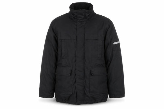 Front view of Nicks World men’s black s winter parka jacket with reflective trim
