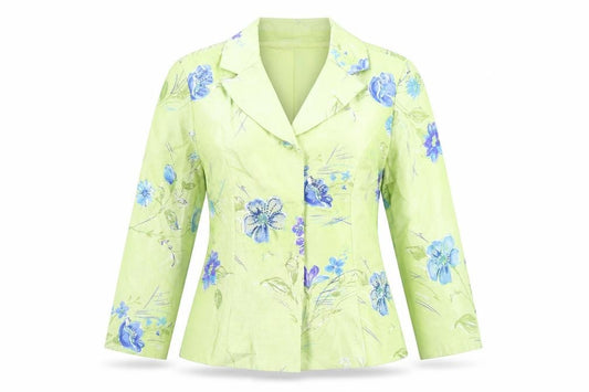 Front view of Jessica Howard Women Green Floral Suit Jacket, size 10, Shawl Lapel