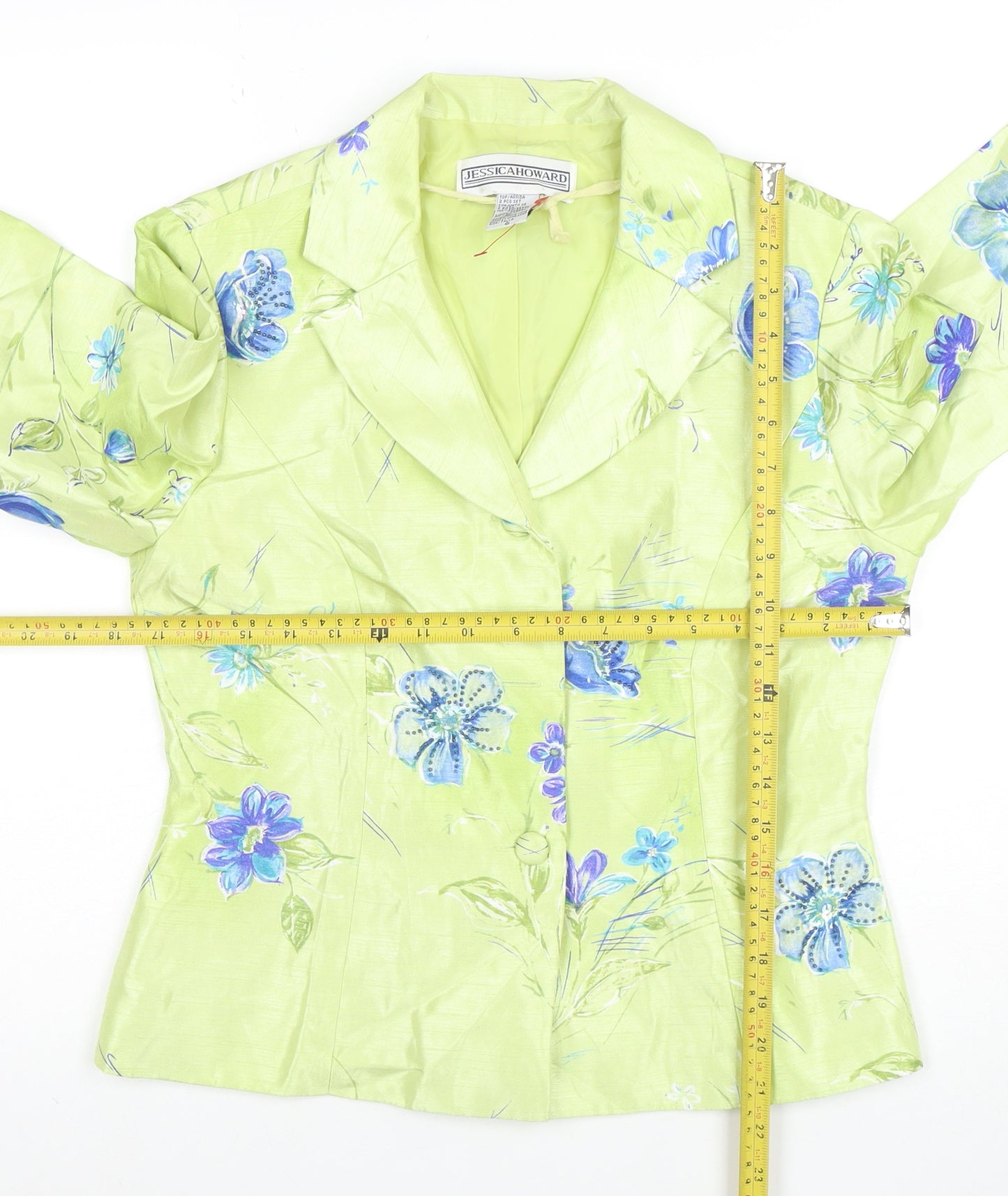 Jessica Howard Women Green Floral Suit Jacket Size 10 Shawl Lapel
