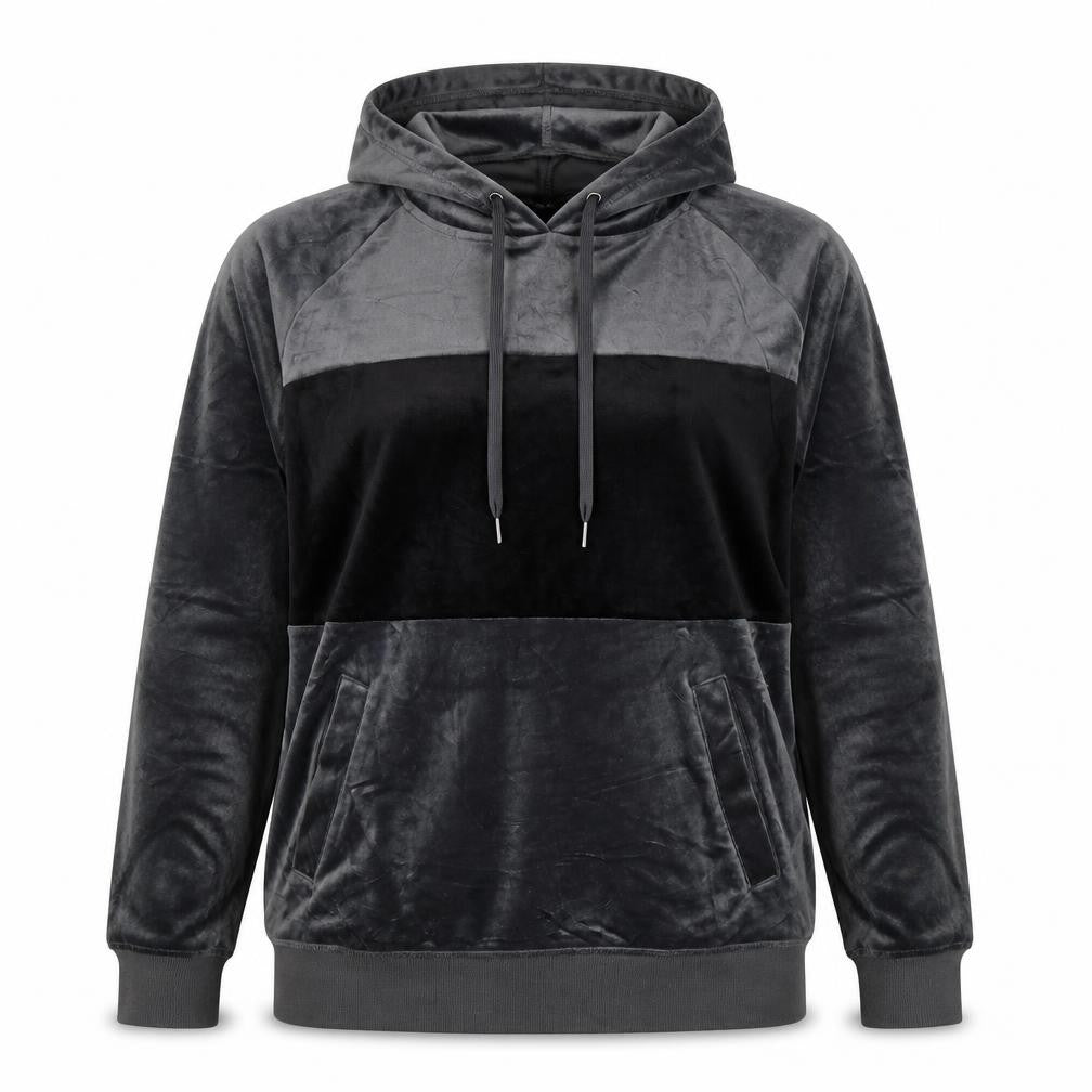 Front view of Champion Women’s Grey Velour Pullover Hoodie, size M, Casual Lined