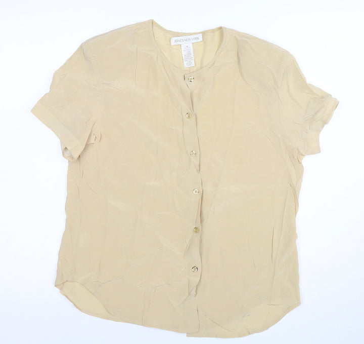 Jones New York Womens Beige Silk Short Sleeve Button-Up Shirt Size 8