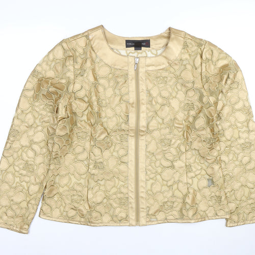 Colleen Lopez Women Gold Floral Embroidered Zip Jacket L Short Formal