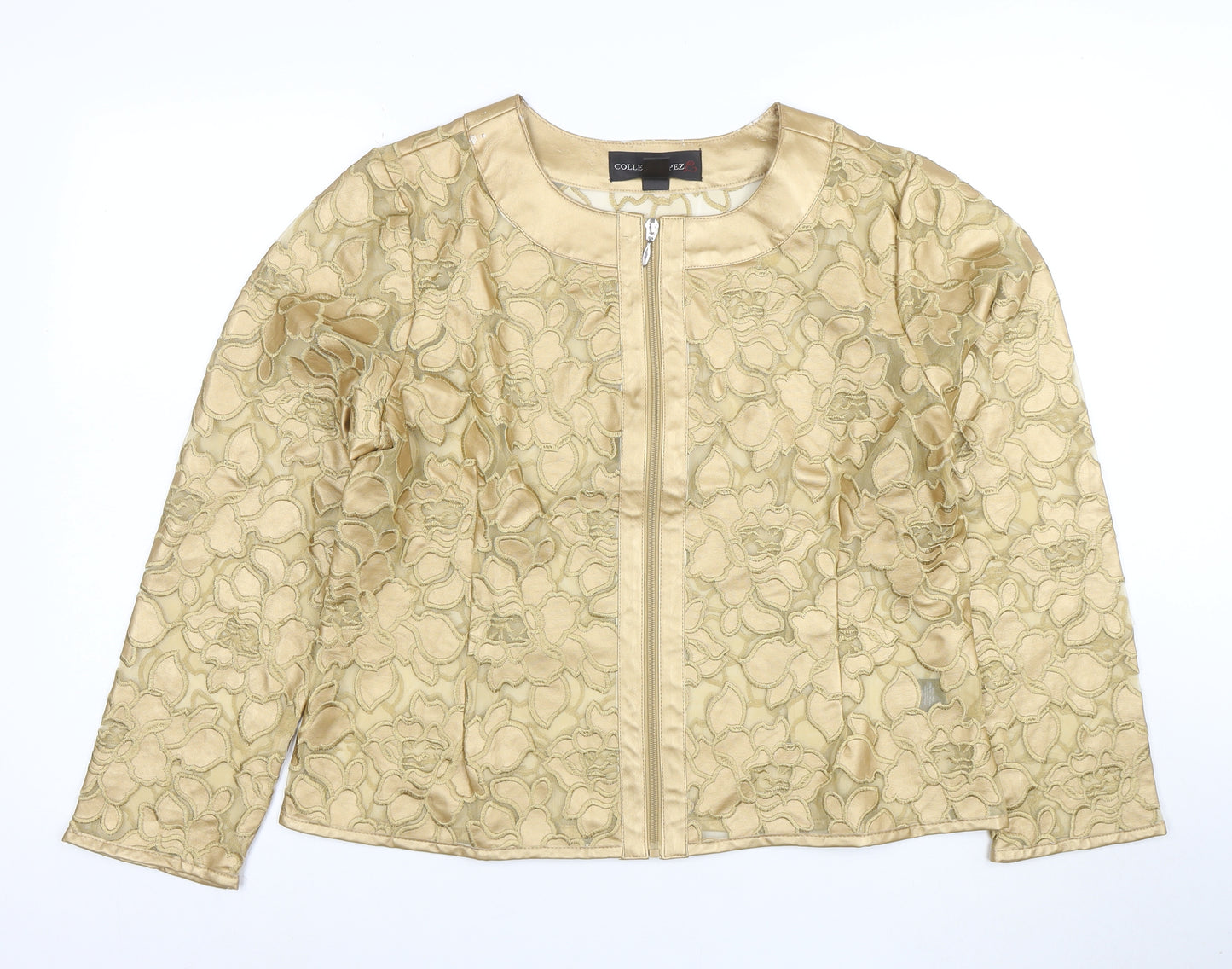 Colleen Lopez Women Gold Floral Embroidered Zip Jacket L Short Formal