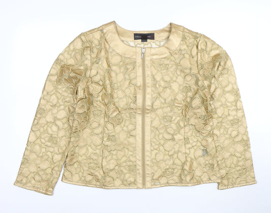 Colleen Lopez Women Gold Floral Embroidered Zip Jacket L Short Formal