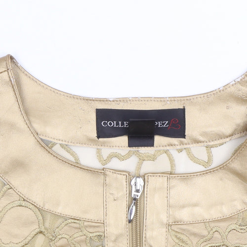 Colleen Lopez Women Gold Floral Embroidered Zip Jacket L Short Formal