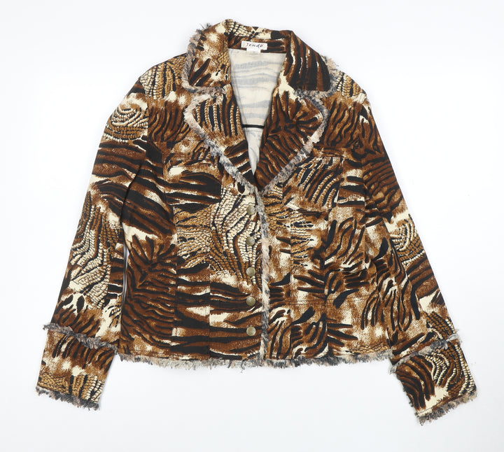 Tendo Womens Brown Animal Print Cotton Blazer Size 12 Jacket