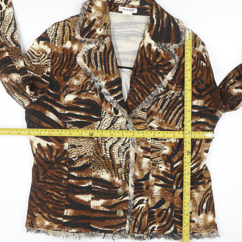 Tendo Womens Brown Animal Print Cotton Blazer Size 12 Jacket