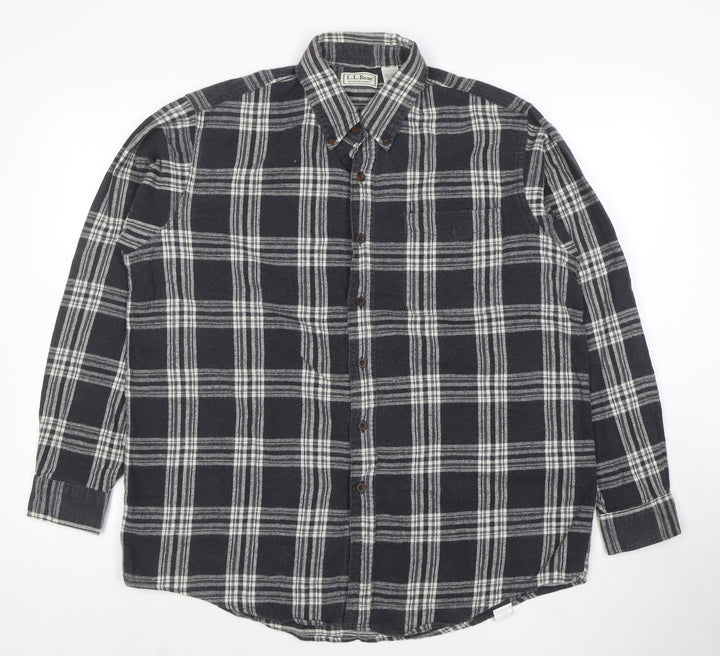 L.L. Bean Men's Grey Plaid Flannel Button-Up Shirt Size L