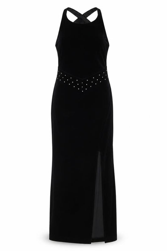 Front view of Bari Jay Women’s Black Velvet Halter Long Mermaid Dress, size UK 10-12