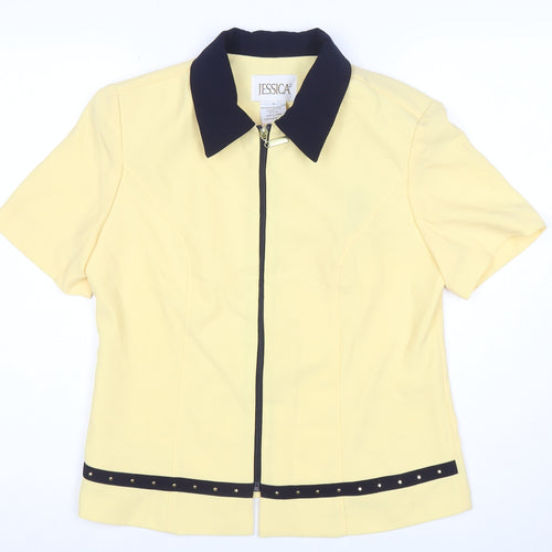 Jessica Womens Yellow Collared Zip Blouse Size 8 Short Sleeve