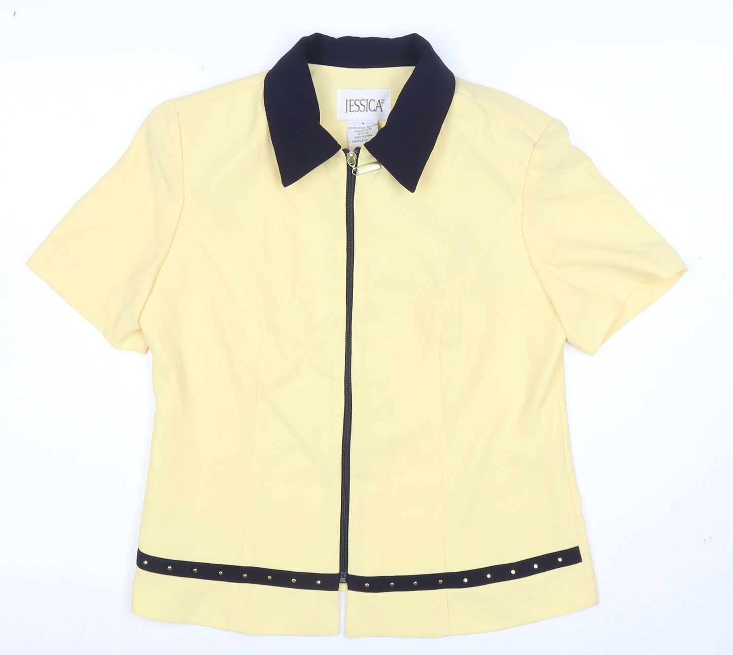Jessica Womens Yellow Collared Zip Blouse Size 8 Short Sleeve