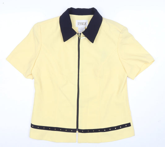 Jessica Womens Yellow Collared Zip Blouse Size 8 Short Sleeve