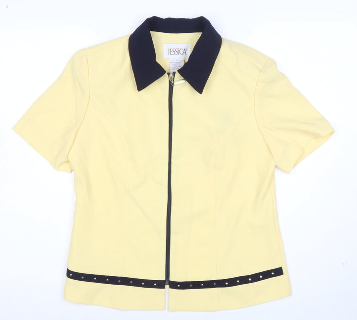 Jessica Womens Yellow Collared Zip Blouse Size 8 Short Sleeve