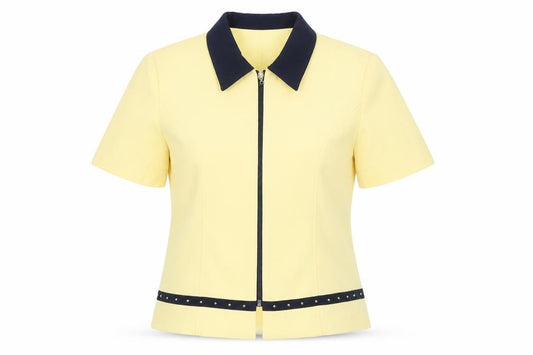 Front view of Jessica women’s yellow collared zip blouse, size UK 8, short sleeve