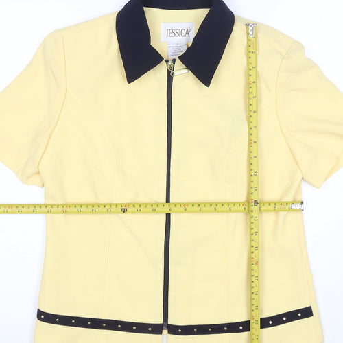 Jessica Womens Yellow Collared Zip Blouse Size 8 Short Sleeve