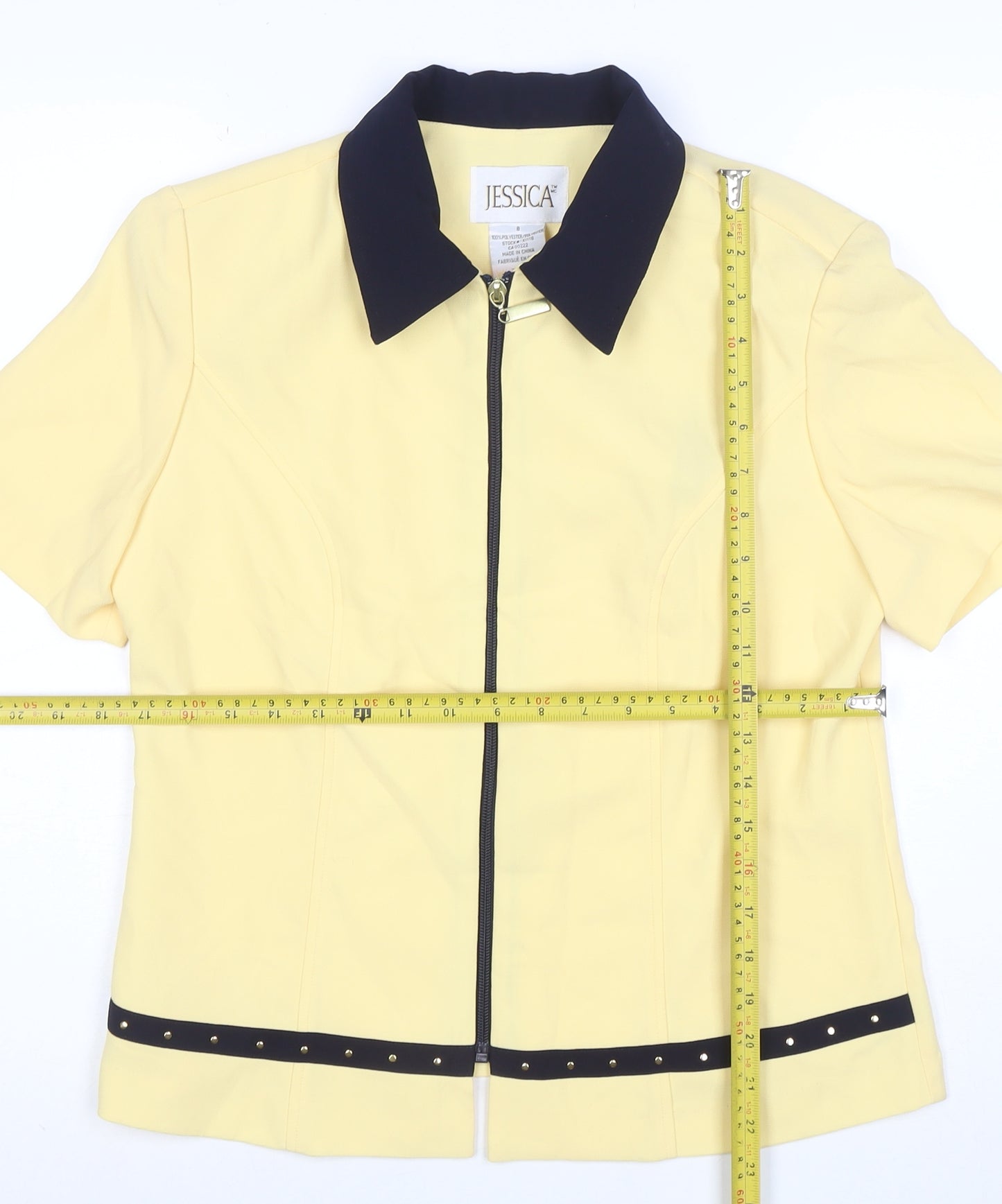 Jessica Womens Yellow Collared Zip Blouse Size 8 Short Sleeve